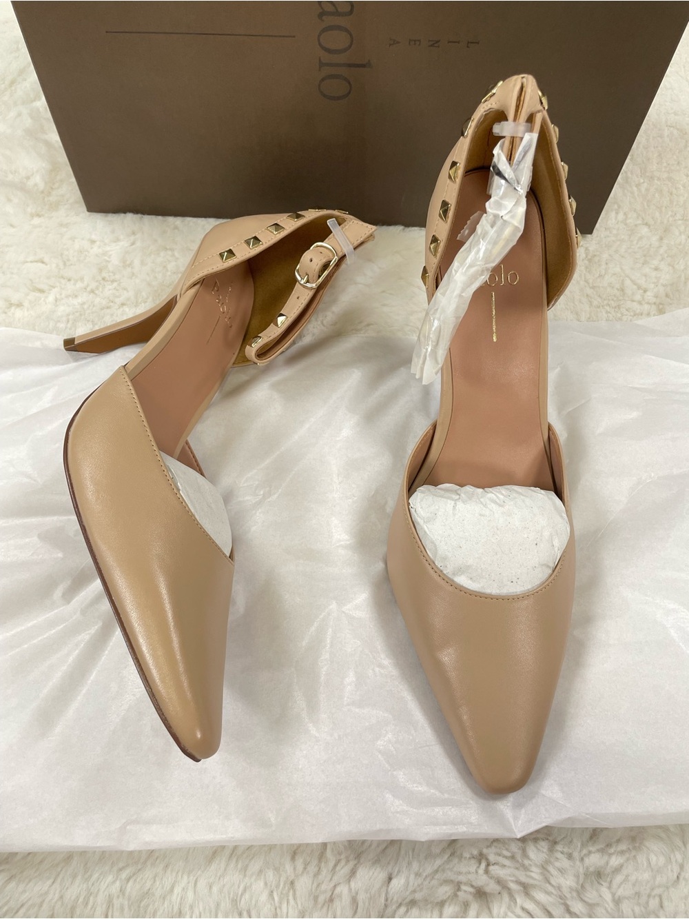 Paolo Nude Beige Pointed-Toe Ankle-Strap Pumps with Stud Accents Size 9.5